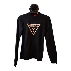 Guess Black Pullover with Gold Emblem Long Sleeve Sweater Size Large